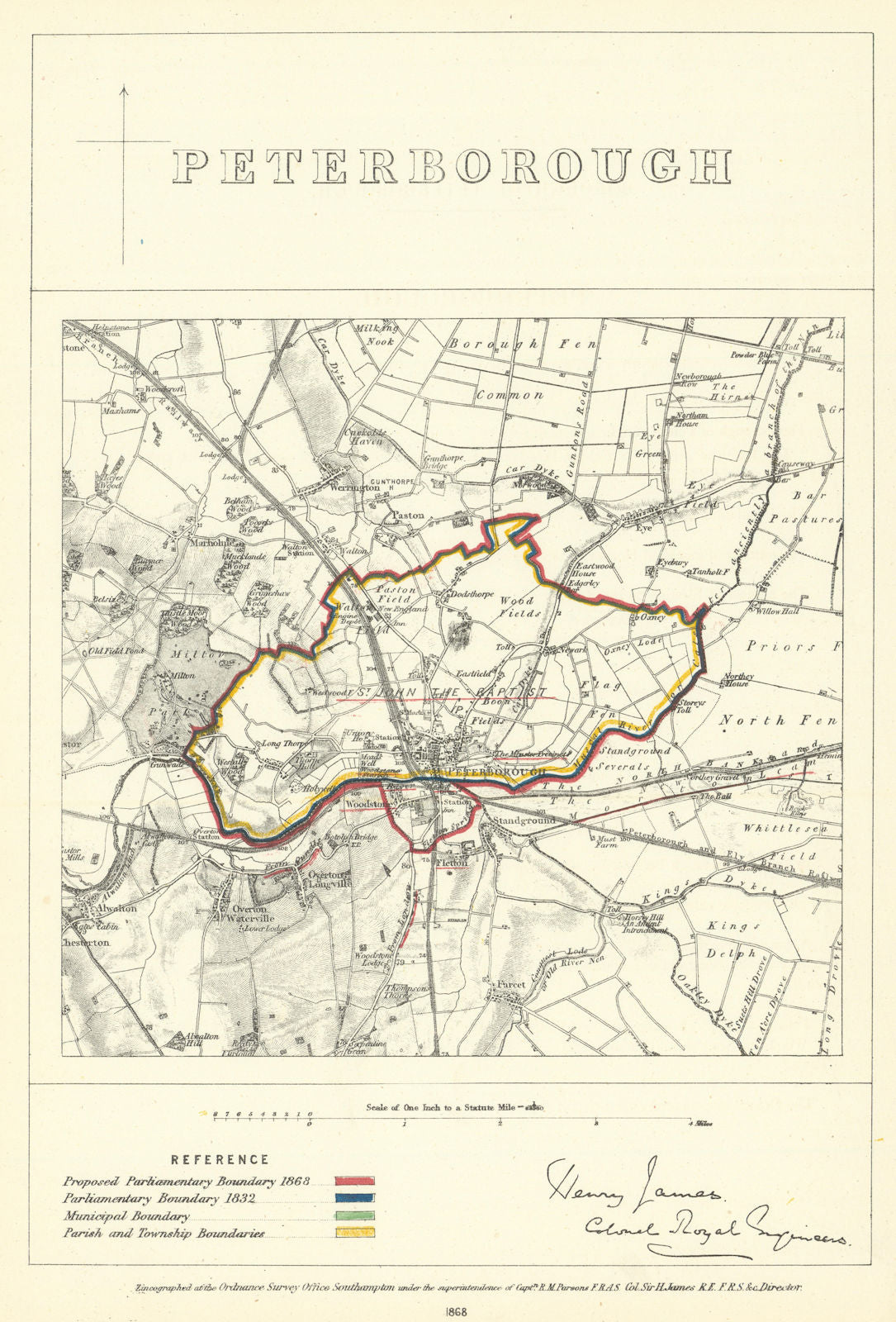 Peterborough, Northants. JAMES. Parliamentary Boundary Commission 1868 old map